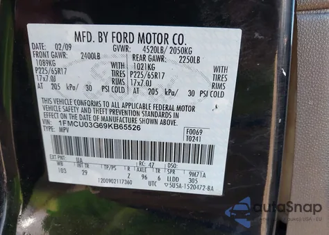 2009 Ford Escape Xlt из США, поврежденный, VIN 1FMCU03G69KB65526